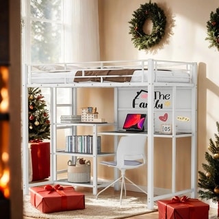 Twin Size Loft Bed with Desk, Whiteboard, 3 Shelves and Ladder, White