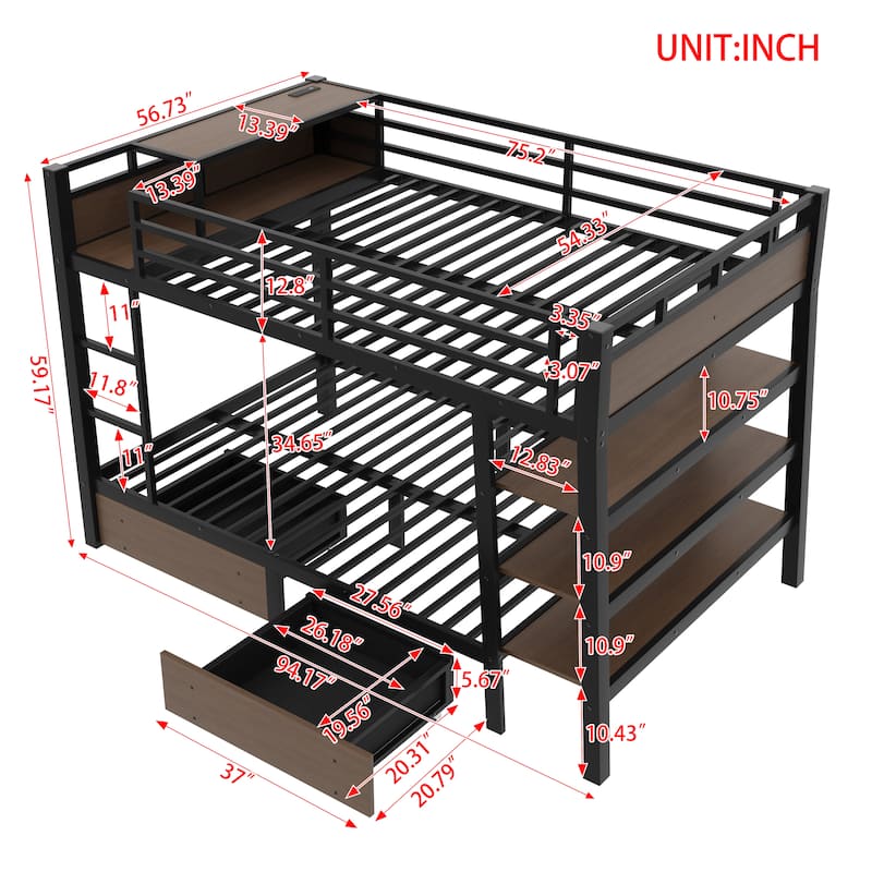 Full Size Metal Bunk Bed with Storage Shelves, LED light strip, and USB power strip