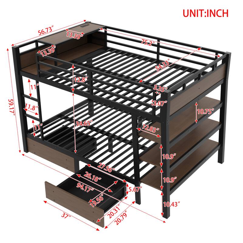 Twin/Full Metal Bunk Bed with Storage Shelves, Drawers, LED Light Strip, USB Power Outlet & Sturdy Guardrail Design