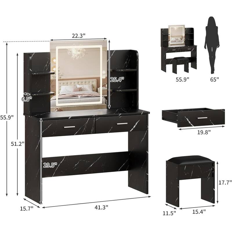 2 Drawers 6 Shelves Dressing Table, Makeup Vanity Desk with Mirror and Lights for Bedroom