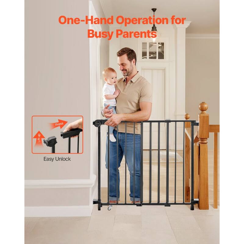 Black Adjustable Steel Baby Gate for Stairs or Doorways with No Threshold and One-Hand Open - 29.5-43”W x 28”H