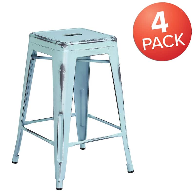 4 Pack 24" High Backless Distressed Metal Indoor-Outdoor Counter Height Stool
