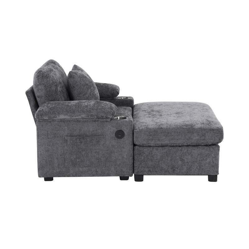 Modern Chenille Fabric Sofa Bed with Cupholders and USB Charging Ports