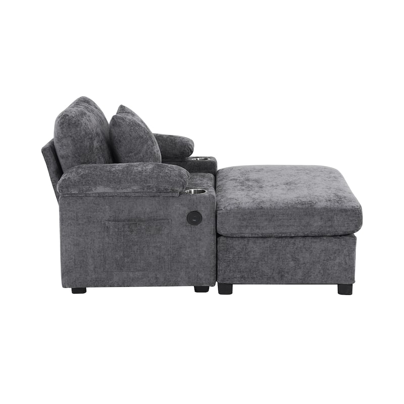 Oversized Chenille Sofa Chair with Ottoman Sleeper Sofa with Cupholders/USB Charging Ports