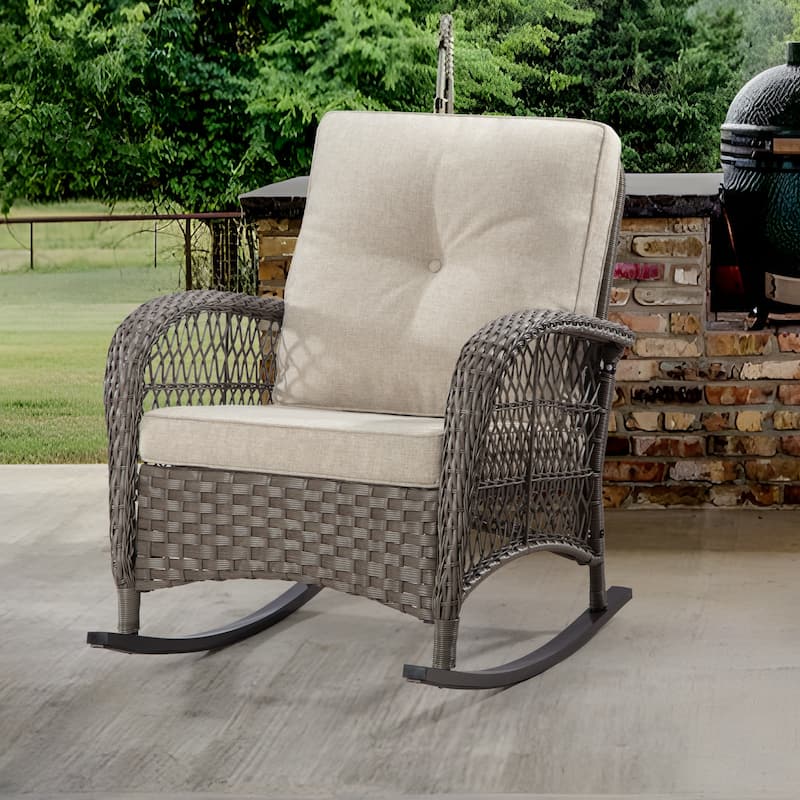 Cozywor Wicker Patio Outdoor Rocking Chair with Cushion - Beige