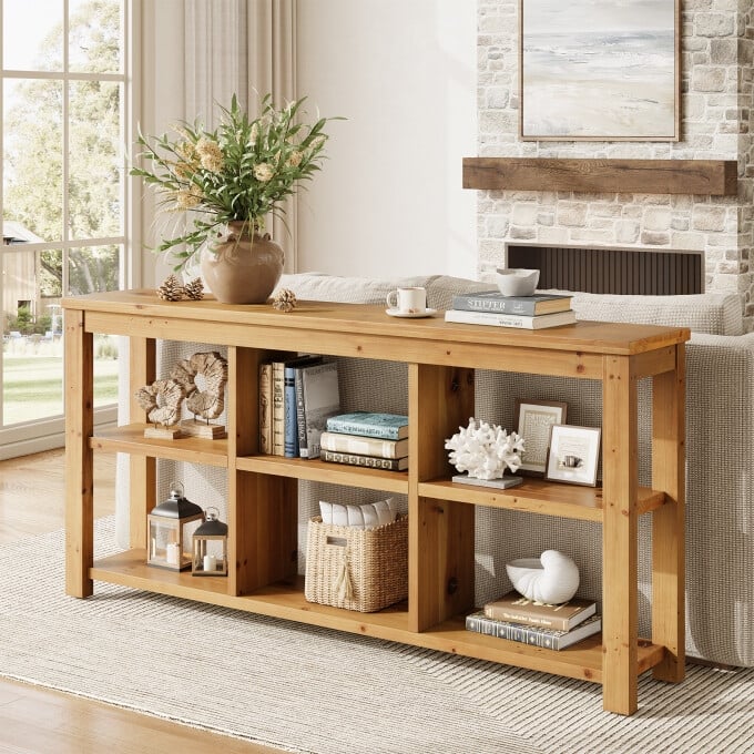 63-Inch Solid Wood Console Table, Entryway Table with Adjustable Shelf