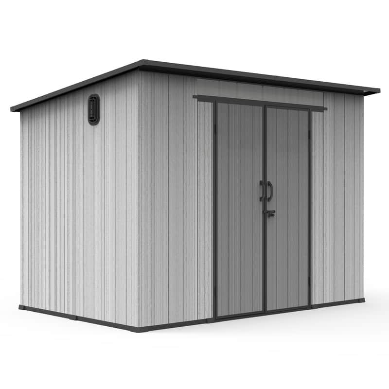 Domi Outdoor Resin Storage Shed, Waterproof Plastic Garden Shed with Lockable Door, Windows & Vents, Outside Tool Storage Shed - 6x9FT Sloping Roof