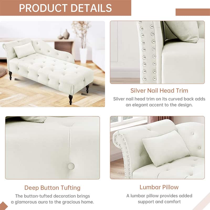 60"W Velvet Chaise Lounge, Tufted with Pillow & Nailhead Decorate - 60.6W" x 27.5D" x 28.3"H