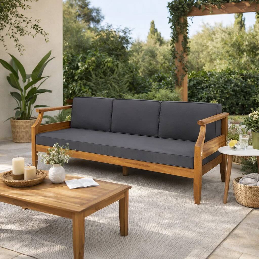 Gail Outdoor Sofa, Dark Gray Cushions, Natural Brown Acacia Wood Frame