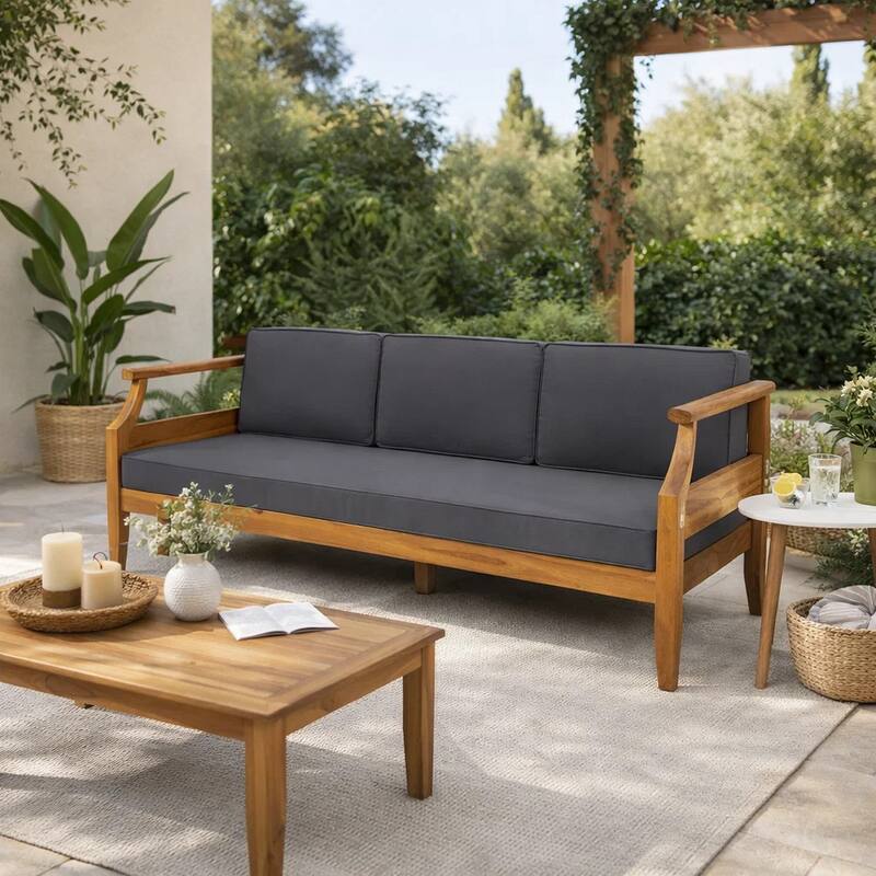 Gail Outdoor Sofa, Dark Gray Cushions, Natural Brown Acacia Wood Frame