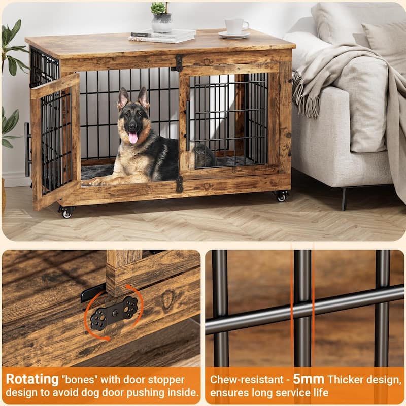 Dog Crate Indoor Heavy Duty Double Doors Wooden Dog Cage with Cushion