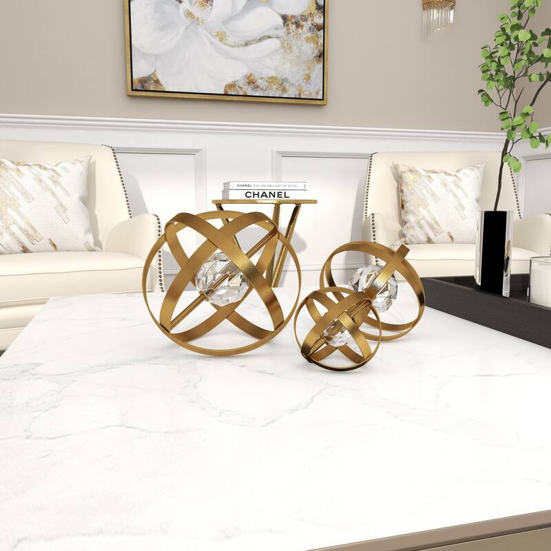 Metal Geometric Orb Decorative Sculpture with Acrylic Center - Set of 3 Gold or Silver - Roche River Decor