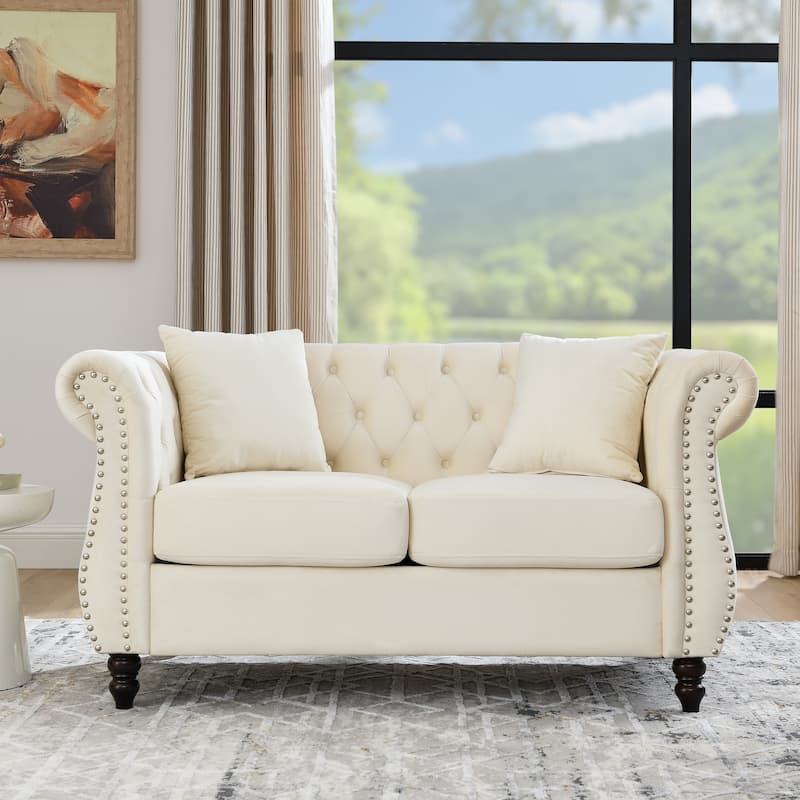 Beige Velvet Chesterfield Loveseat Sofa, Rolled Arms, Nailhead Trim - Beige