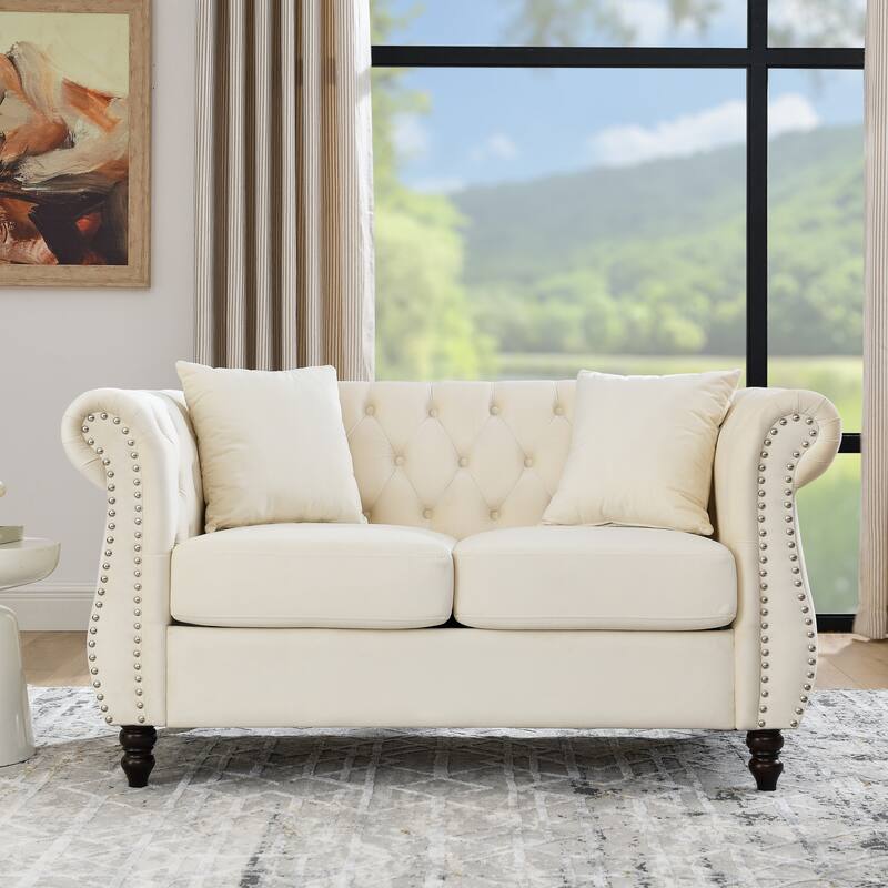 Velvet Chesterfield Loveseat Sofa, Rolled Arms, Nailhead Trim - Beige