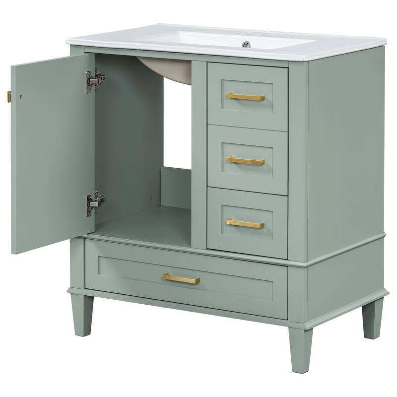 Single Sink Bathroom Vanity Cabinet, Vanity Base & Ceramic Sink Combo Set, 3 Drawers Bathroom Storage Cabinet, 30 Inch