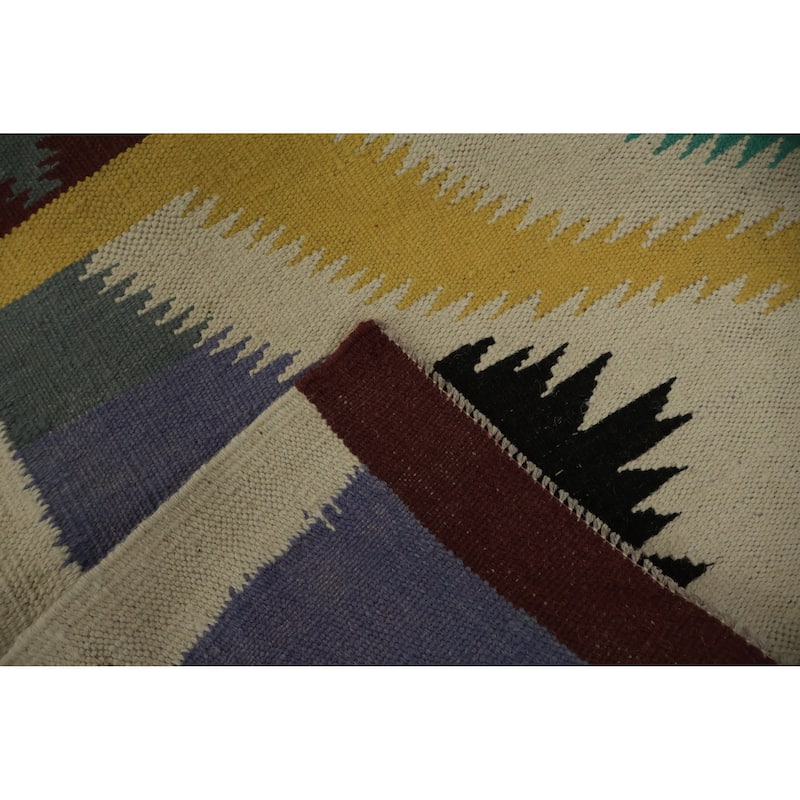 Hand Woven Oriental 100% Wool Carpet Southwestern Tribal Beige & Ivories Kilim Area Rug - 11' 4'' X 4' 9''