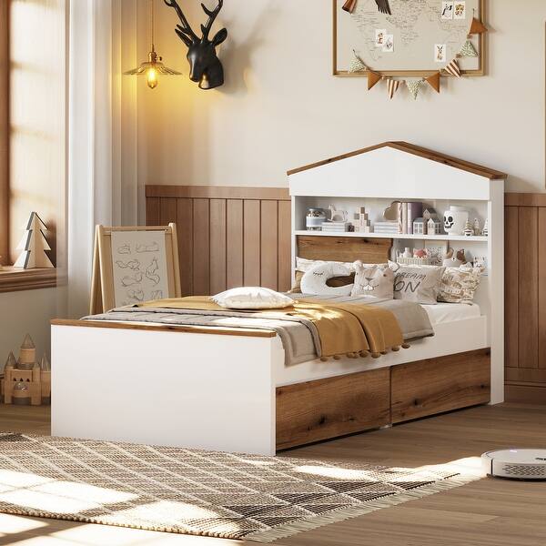 slide 2 of 18, Twin Size Platform Bed with Two Drawers,Sturdy Wood Bed Frame with House Shaped Storage Headboard Brown+White - Twin