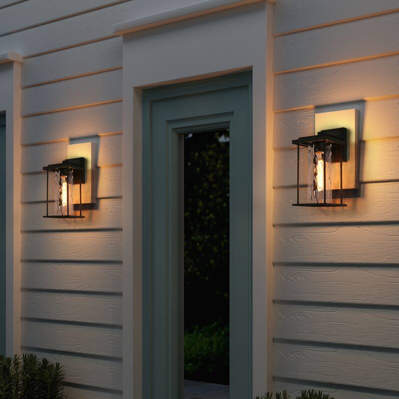Modern Farmhouse 1-Light Black Outdoor Wall Sconces Water Ripple Glass Porch Lantern - L 13.4" x W 6.7" x H 8.3"
