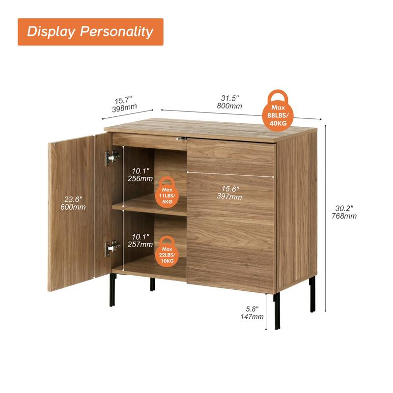 31.5" Wooden Reeded Sideboard With 2 Doors, Modern Credenza Storage Cabinet