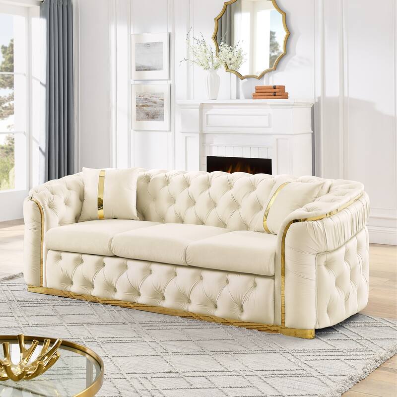 90.6″ Velvet 3-Seater Sofa with 2 Pillows, High-Density Foam & Gold Accents