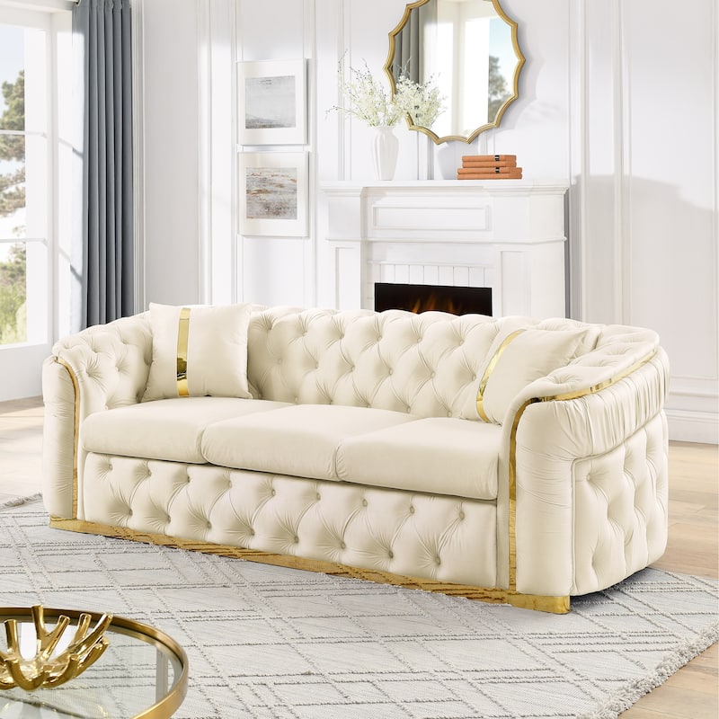 90.6 Inches 3 Seater Velvet Sofa with Gold Stainless Steel Accents and 2 Pillows, Beige