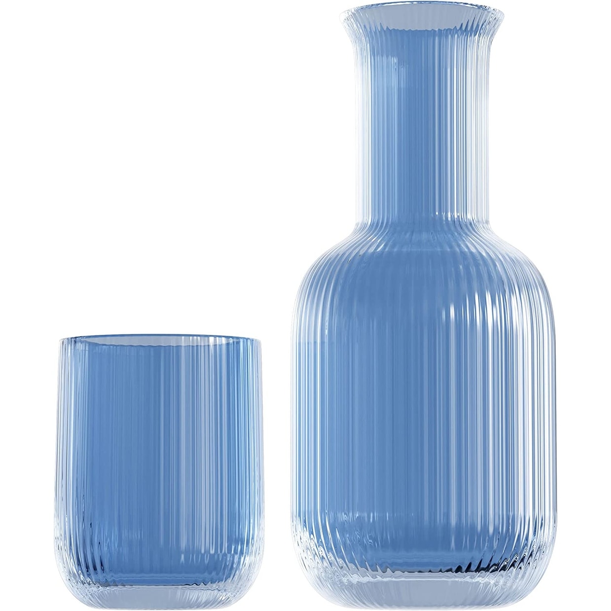 Glass Bedside Water Carafe with Lid and Glass Cups Set, Ribbed