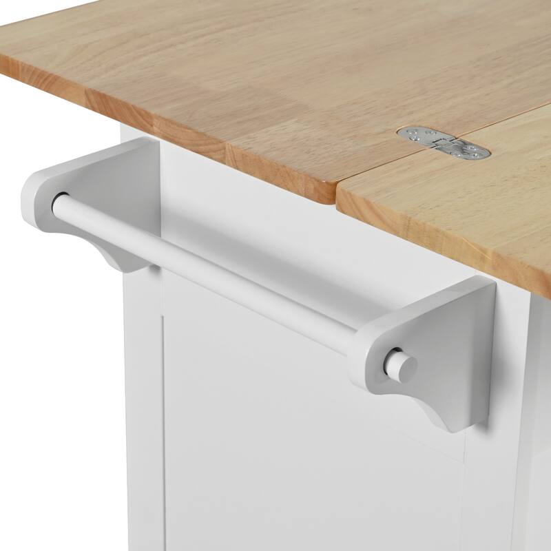 49.02'' Rubber Wood Farmhouse Kitchen Island with Rolling Wheels, Slide-Out Shelf, Towel Rack and Drawer