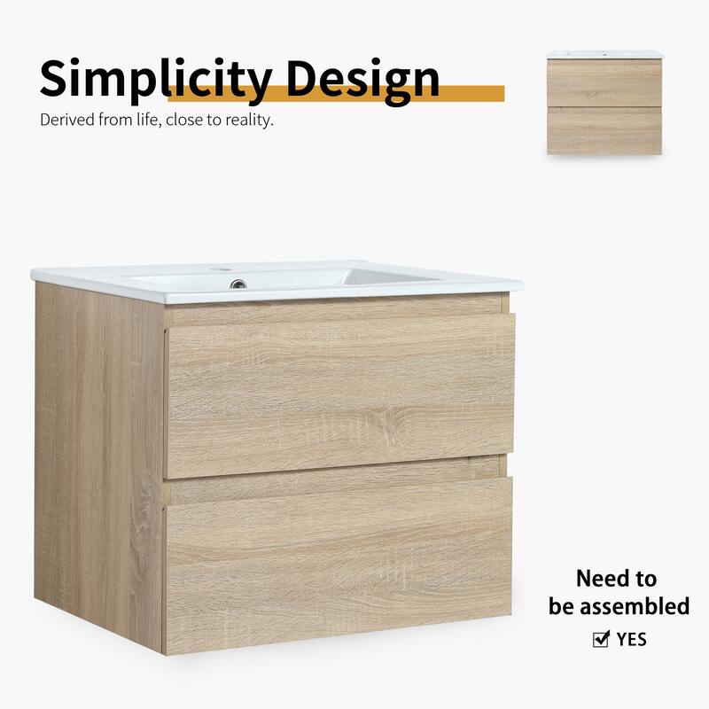 24" Floating Bathroom Vanity with Ceramic Basin, 2 Soft-Close Drawers, Eco-Friendly Plywood Construction