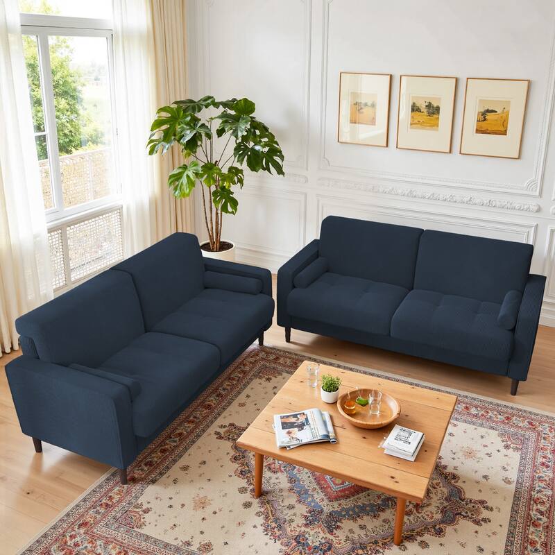 Modern Corduroy Upholstered Loveseat with Bolster Pillows and Wood Legs