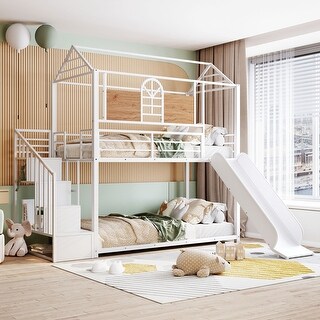 Twin Over Twin Metal House Bunk Bed with Slide & Storage Stair - Bed ...