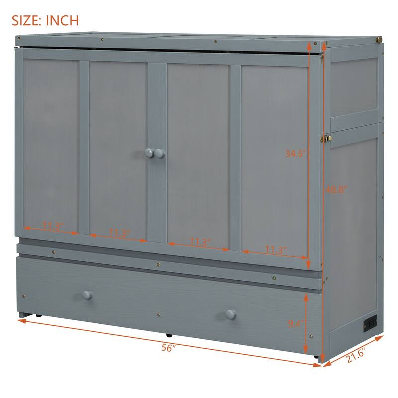 Full Size 2-in-1 Murphy Bed Cabinet with Space Saving Design with Built in USB/Power Outlets, Large Storage Drawer