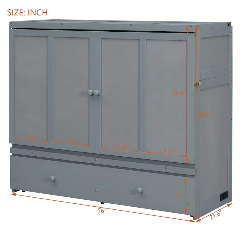 Full Size Murphy Bed with USB Port and a Large Drawer - Gray