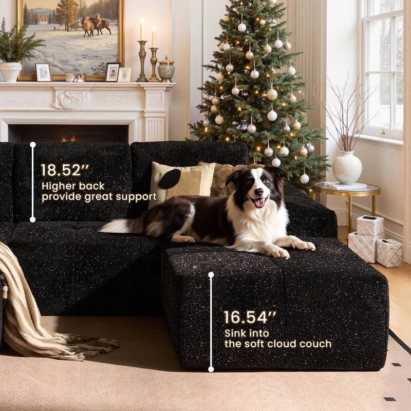 HOOOWOOO Modern Sparkly Velvet Fabric Chaise Sofa Couch with Ottoman