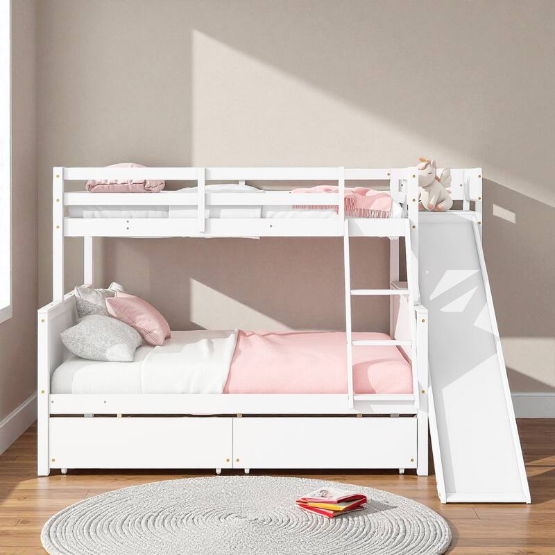 Twin Over Full Rubber Wood Bunk Bed with Slide, 2 Drawers, Shelves and Ladder, Solid Wood Bunk Bed for Kids - White - Full