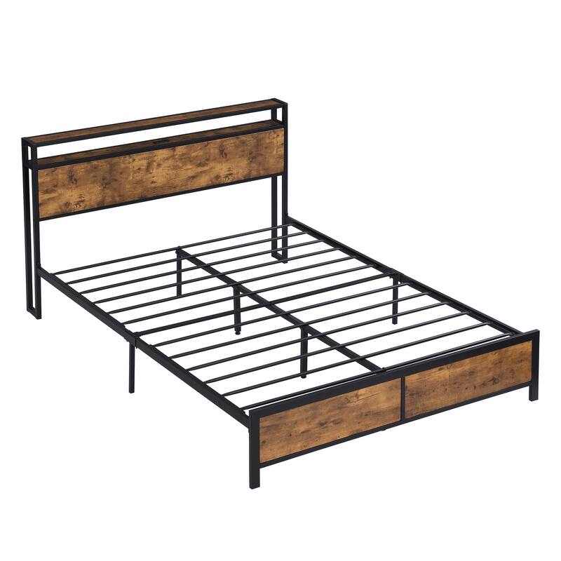 Noise Free Metal/Wood Platform Bed Frame with 2 USB Ports, Modern Industrial LED Lights Headboard Bed Frame with Shelf