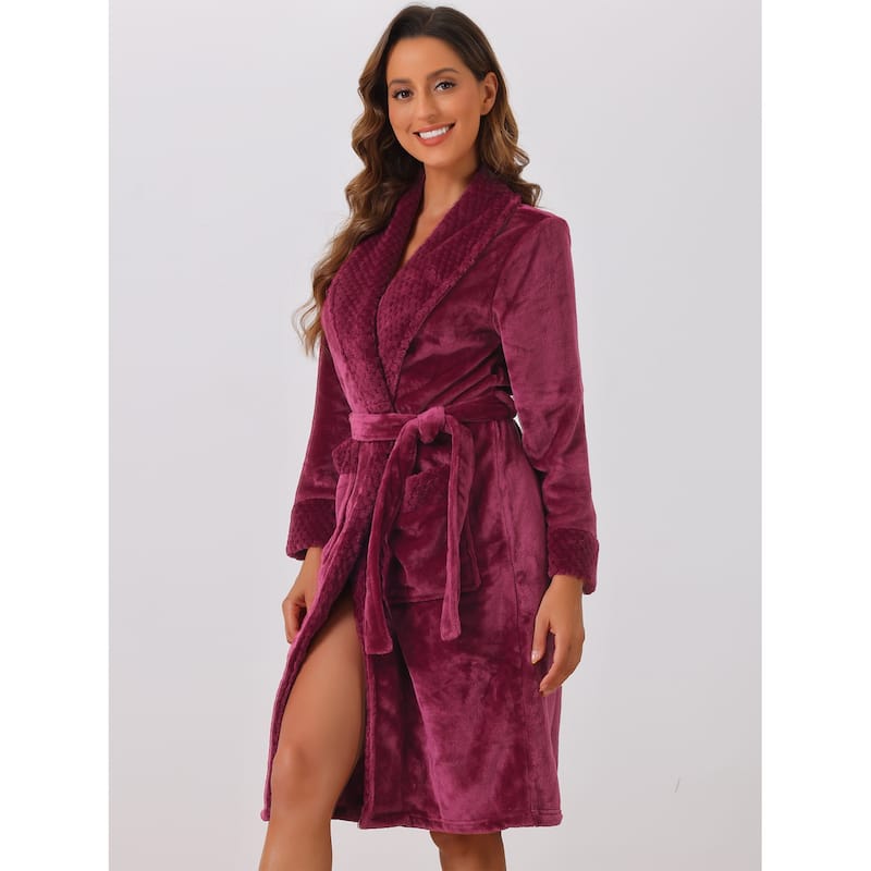 Women's Flannel Bathrobe Plush Soft Robe Fluffy Long Spa Robe - Claret - S