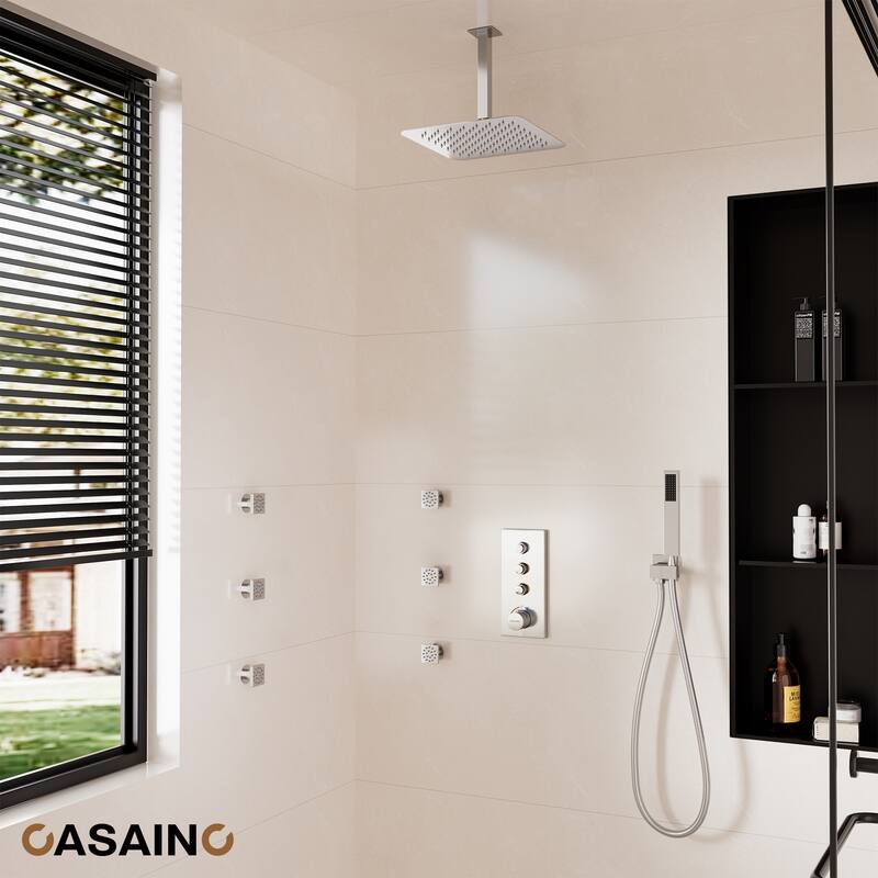 Luxury Thermostatic Shower System 1-Spray Patterns Ceiling Mount Fixed Shower Head and Handheld Spray with 6 Body Jets
