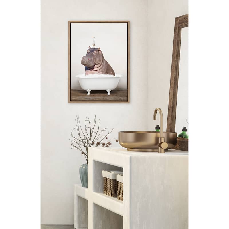 Kate and Laurel Hippo Bird Rustic Bath Framed Canvas by Amy Peterson