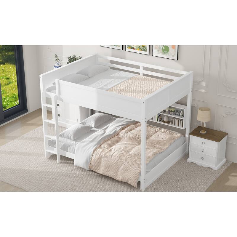 Queen Over Queen Bunk Bed with Storage Cabinets, USB Ports, and White Finish