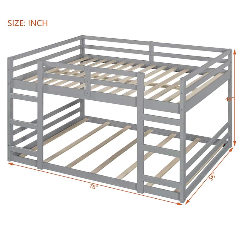 Twin/Full Size Wooden Floor Bunk Bed, Solid Pinewood Bunk Bed Frame with Double Ladders and Full Length Guardrail