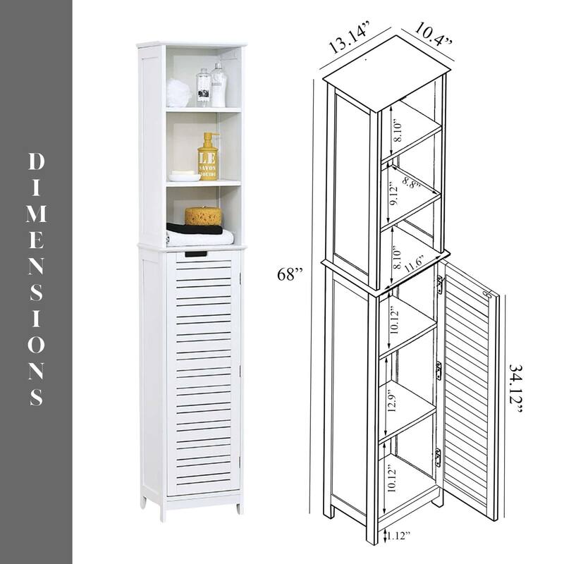 Miami White Tall Bathroom Storage Cabinet Slim Linen Cabinet - 13 7/8"L x 10.4"W x 68"H