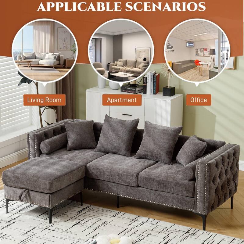85'' L-Shaped 4 Seater Sectional Sofa with Convertible Storage Ottoman, Pillows, Solid Wood Frame, Modern Tufted Design