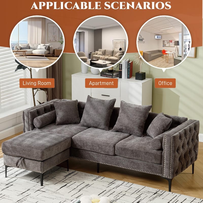 L Shaped Sectional Sofa,Convertible Storage Ottoman,Chenille,Square Arm,Modern Tufted Couch ,3 Seater