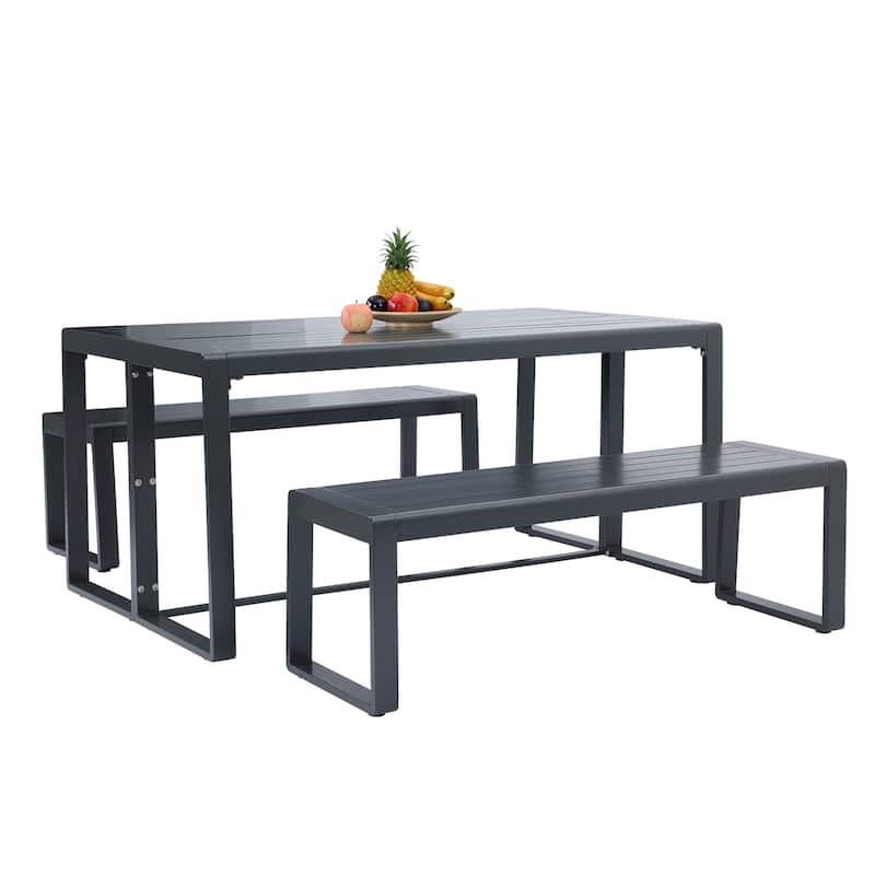 Aoodor 3-Piece Outdoor Patio Dining Set, Aluminum Furniture Set with 1 Rectangular Picnic Table and 2 Benches - N/A - Black
