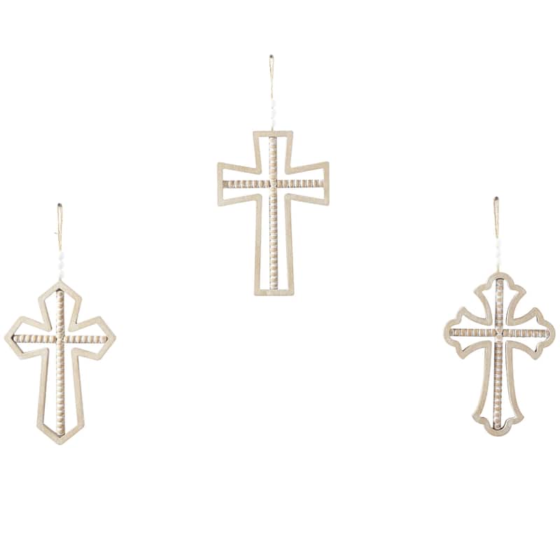 Wood Cross Carved Beaded Crosses Home Wall Decor with Rope Hanger - Set of 3 Light Brown - Roche River Decor - Light Brown