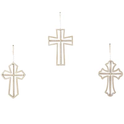 Wood Cross Carved Beaded Crosses Home Wall Decor with Rope Hanger - Set of 3 Light Brown - Roche River Decor