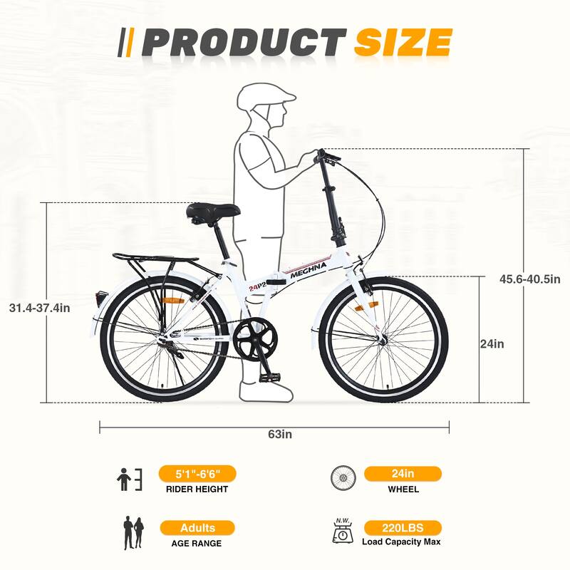 24 Inch Folding Bike with Fenders, Single Speed City Commuter Bicycle with Dual V-Brake, Steel Frame Portable Compact Bicycle