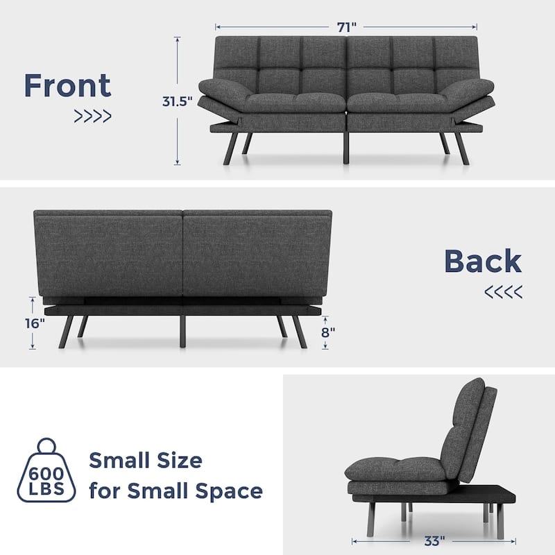 Futon Sofa Bed, Memory Foam Foldable Couch Convertible Loveseat Sleeper Daybed with Adjustable Armrests for Small Space