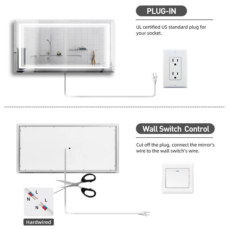 RS Rectangular Wall Mount Vanity Mirror with Lights for Bathroom, 3 Colors Dimmable LED, Anti-Fog, Memory Function