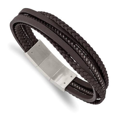 Chisel Stainless Steel Brushed Brown Braided Leather and Wire with 0.5-inch Extension Bracelet